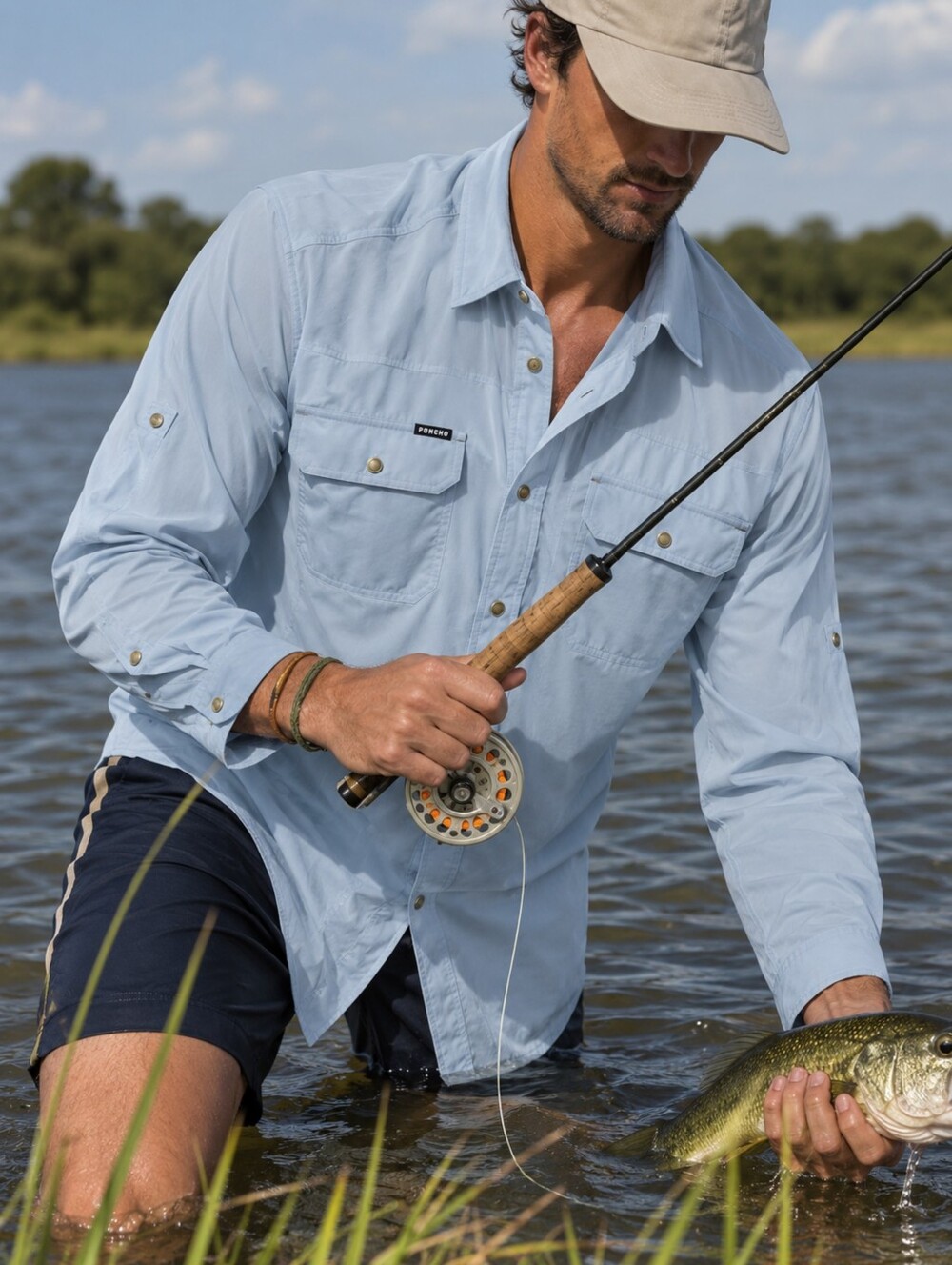 Poncho The Purist Performance Nylon Shirt Light Blue Fishing Mens Regular Fit XL